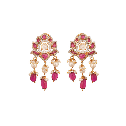 Gul Lotus Ruby & Polki Silver Earrings