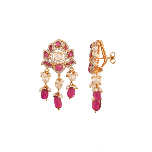 Gul Lotus Ruby & Polki Silver Earrings