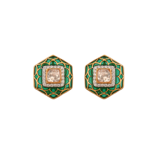 Hexagon Polki & Green Meenakari Silver Studs