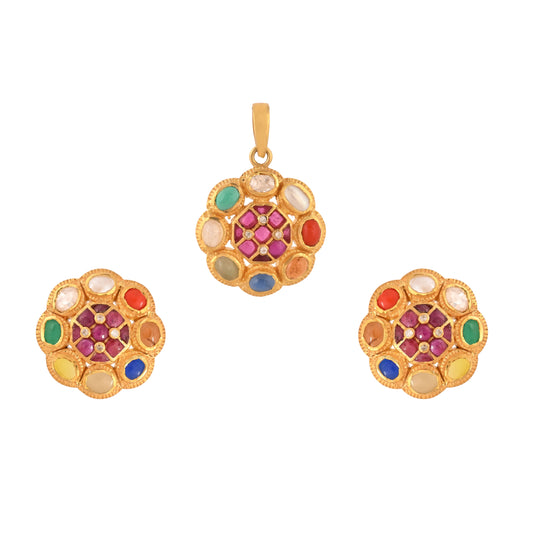 Navratna Round Silver Pendant Set