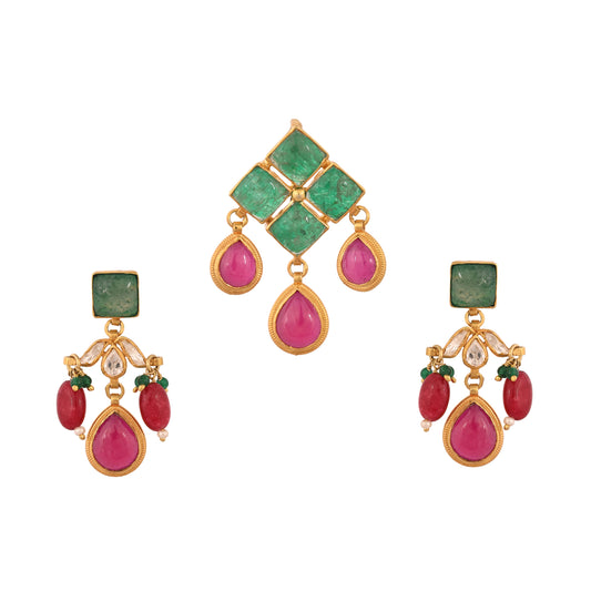 Emerald & Ruby Drop Silver Pendant Set