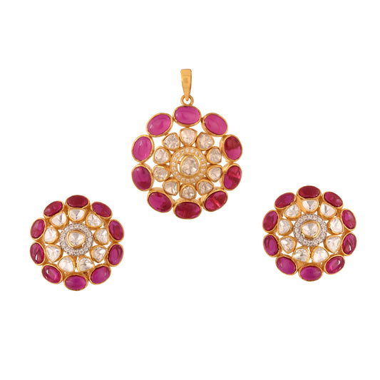 Gul Ruby & Polki Round Silver Pendant Set