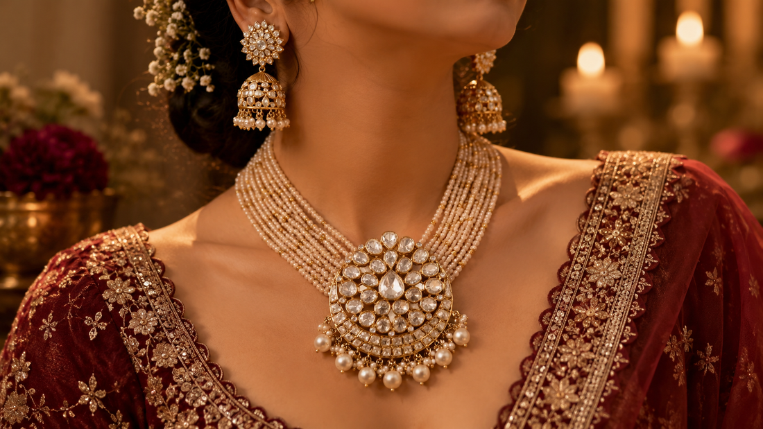Bride wearing a handcrafted silver polki bridal choker and earring set
