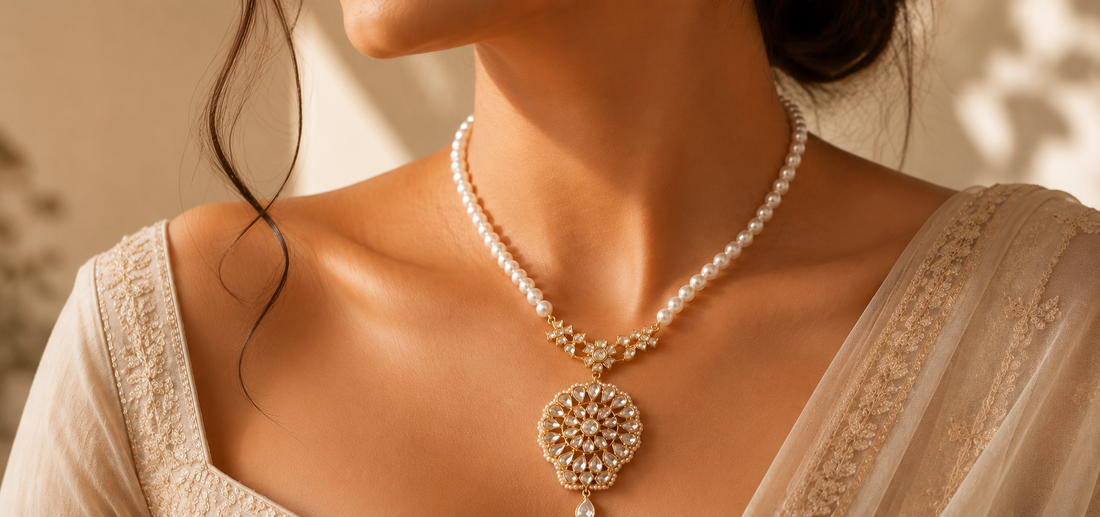 Handcrafted 925 silver necklace with polki and pearl detailing