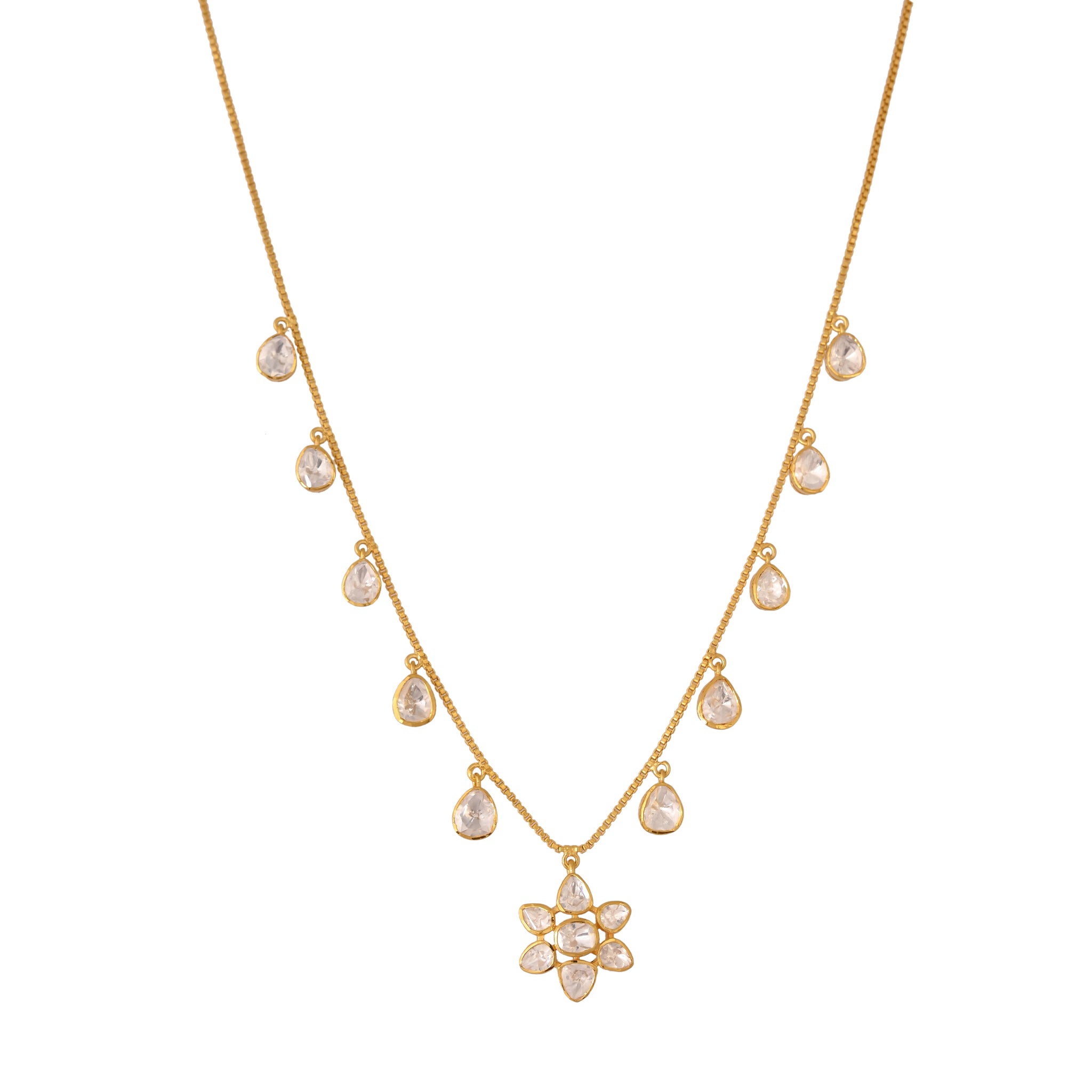 Noor Polki Flower Drop Chain Silver Necklace Set
