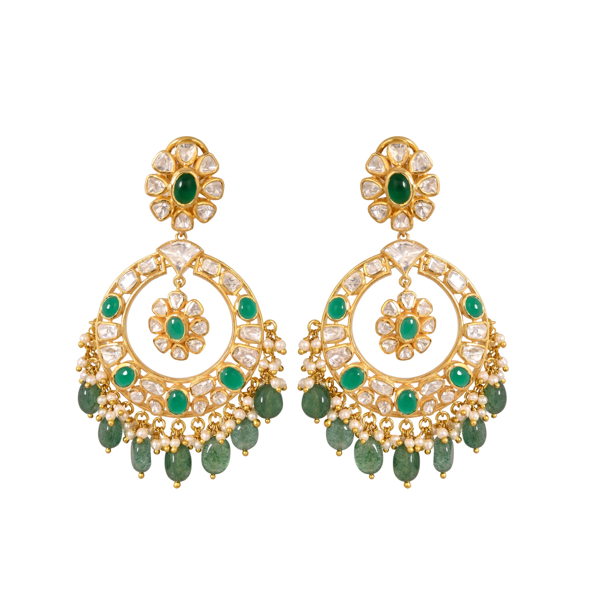 Emerald & Polki Silver Chandbali Earrings