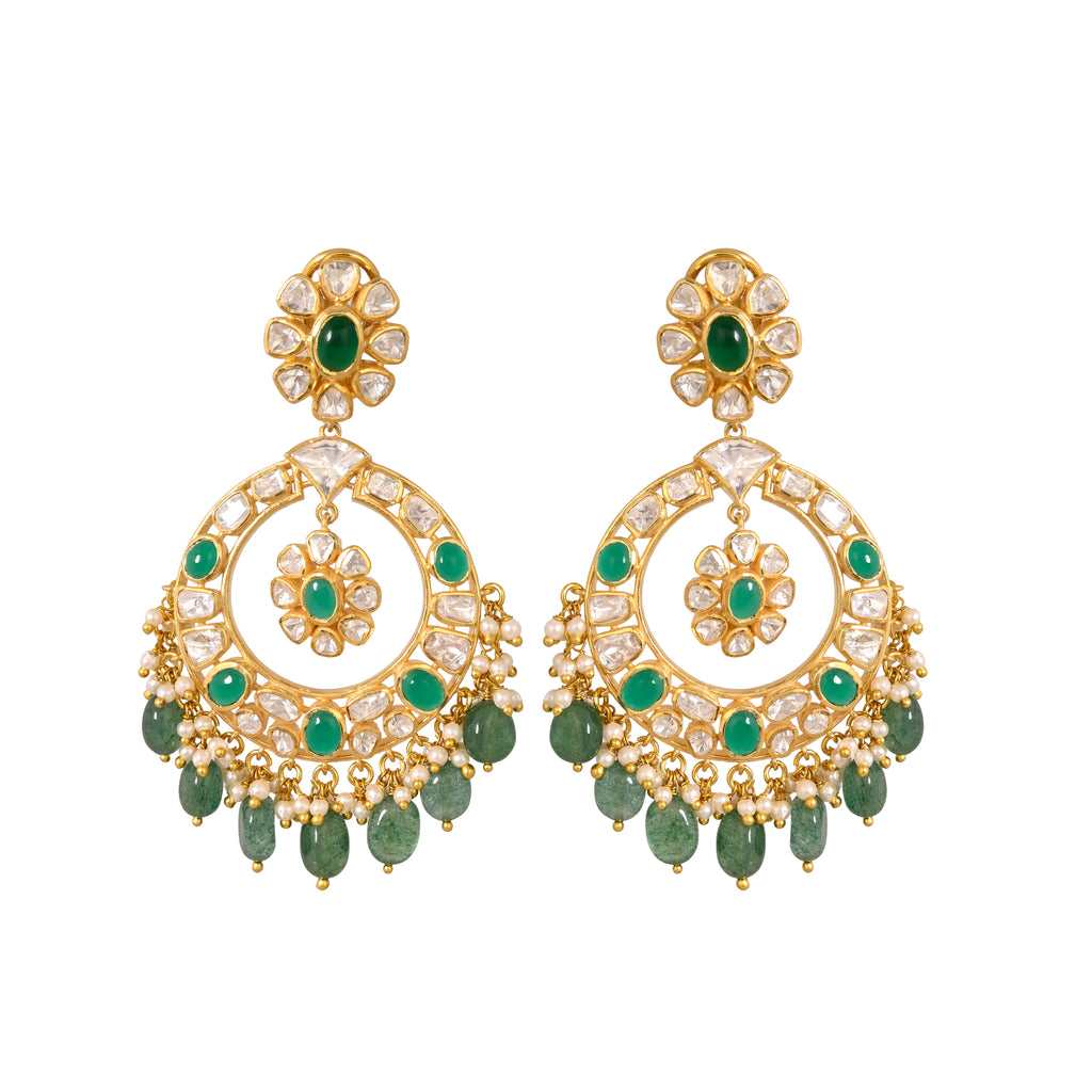 Emerald & Polki Silver Chandbali Earrings