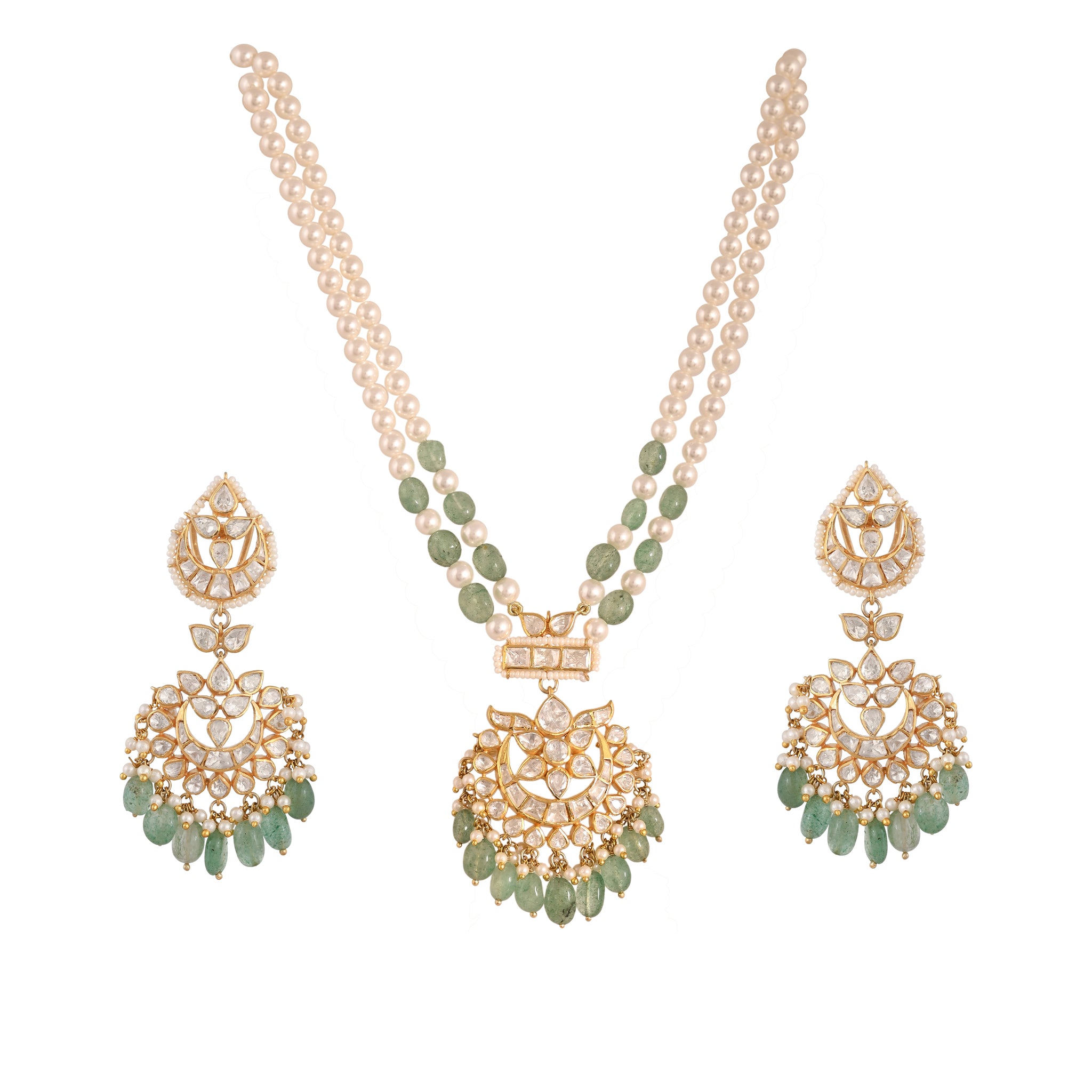Gulnaar Emerald & Polki Silver Pearl Necklace Set