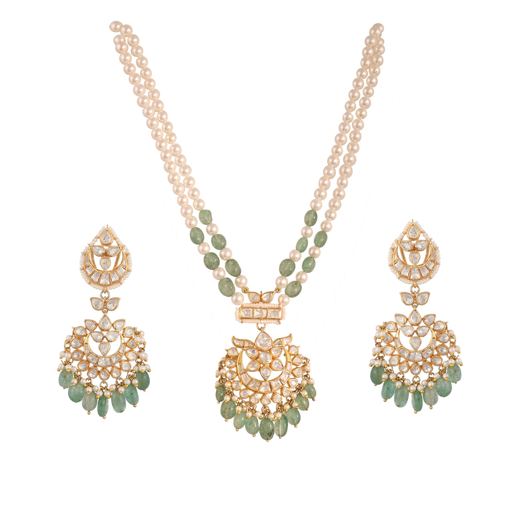 Gulnaar Emerald & Polki Silver Pearl Necklace Set
