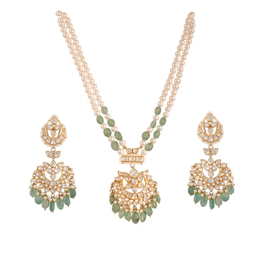 Gulnaar Emerald & Polki Silver Pearl Necklace Set