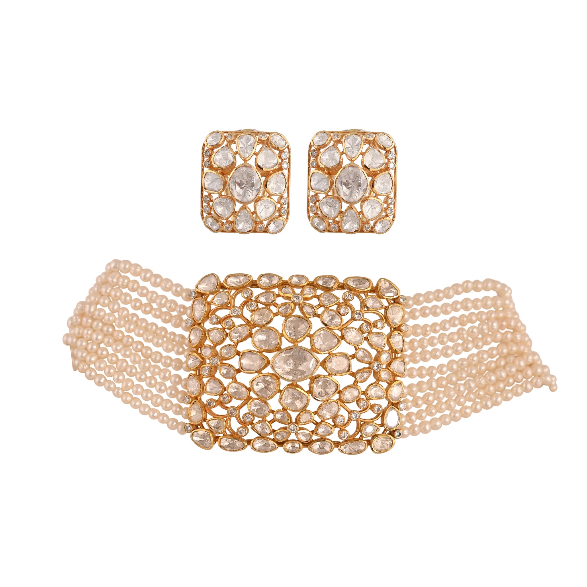 Noor Polki & Pearl Rectangle Silver Choker Necklace Set