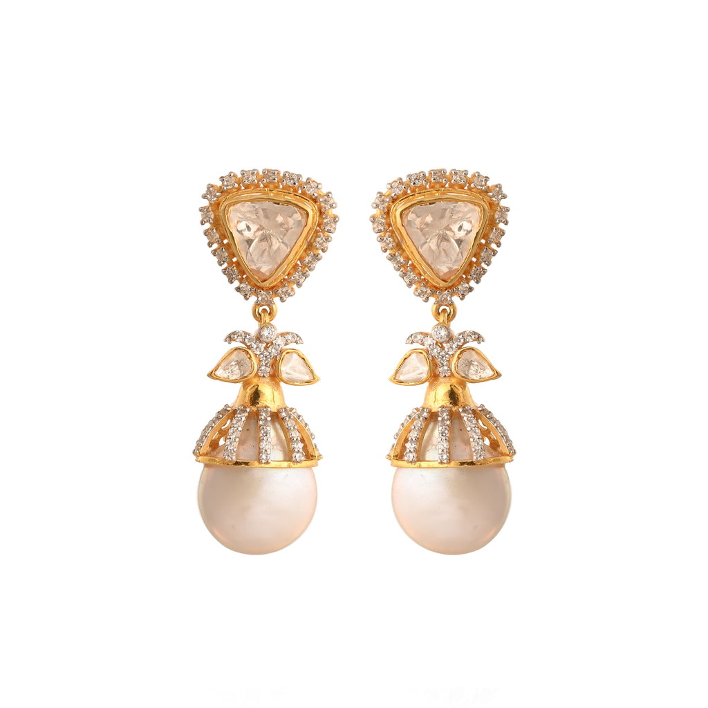 Polki & Unshaped Pearl Silver Drop Earrings
