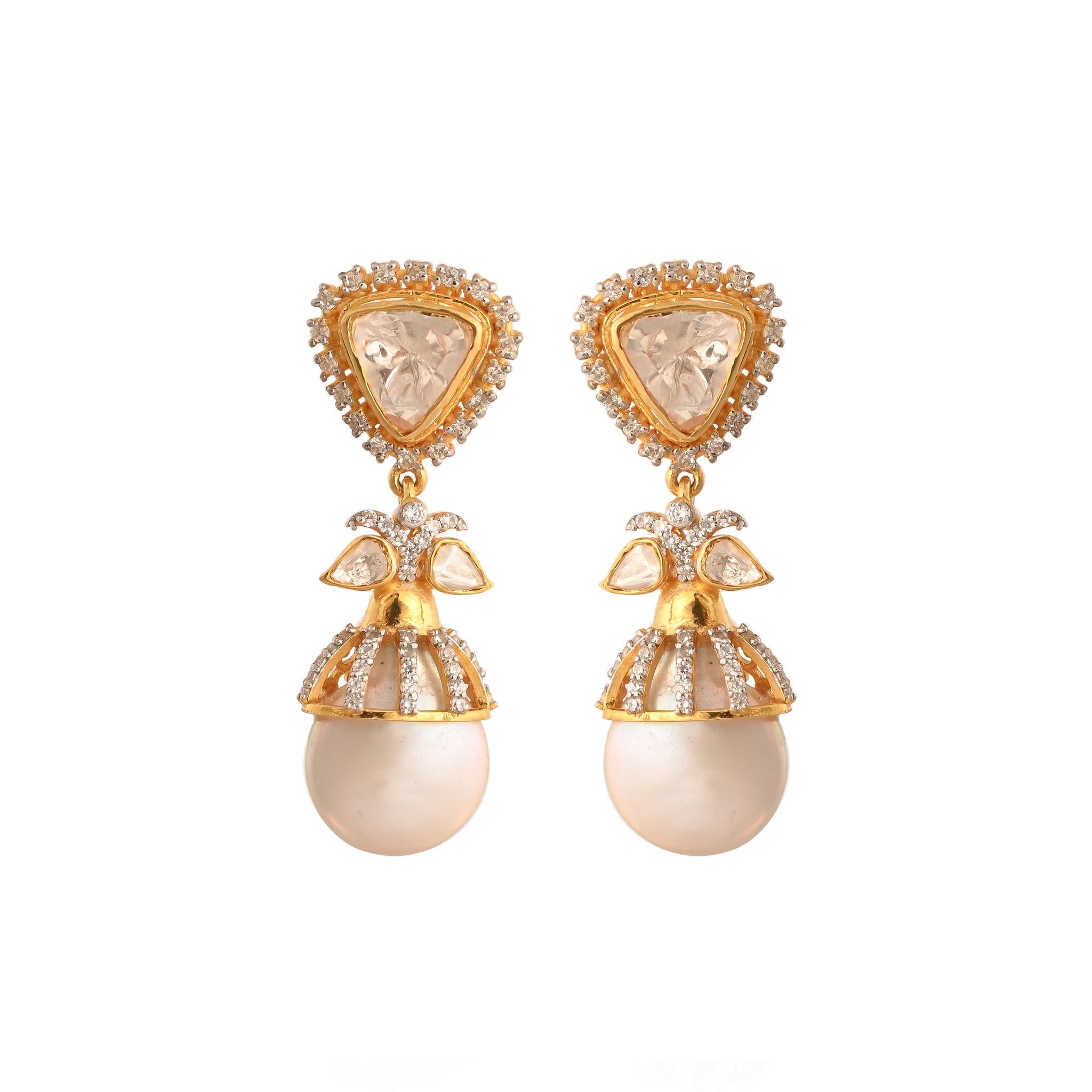 Polki & Unshaped Pearl Silver Drop Earrings