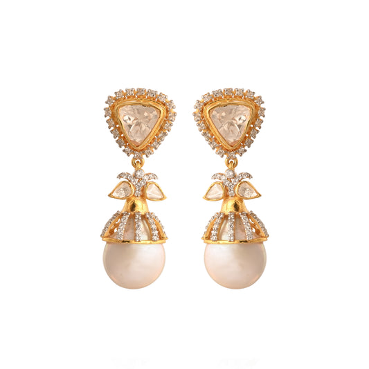 Polki & Unshaped Pearl Silver Drop Earrings