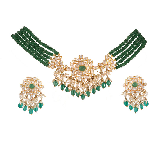 Emerald & Polki Silver Choker Necklace Set