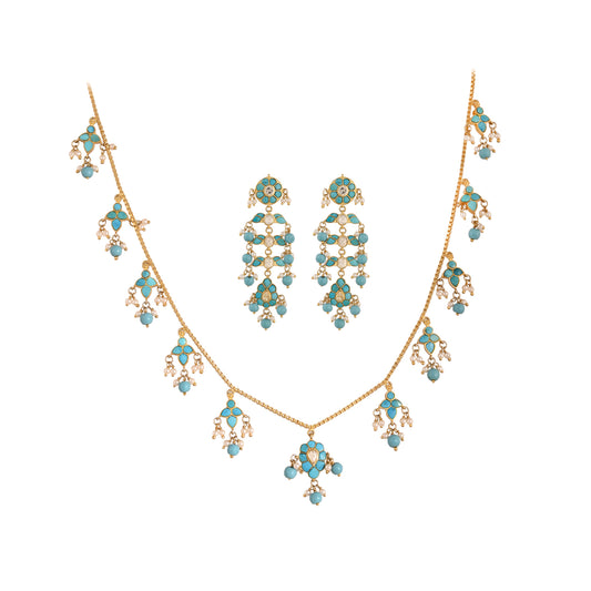 Gulnaar Turquoise Bloom Silver Chain Necklace Set