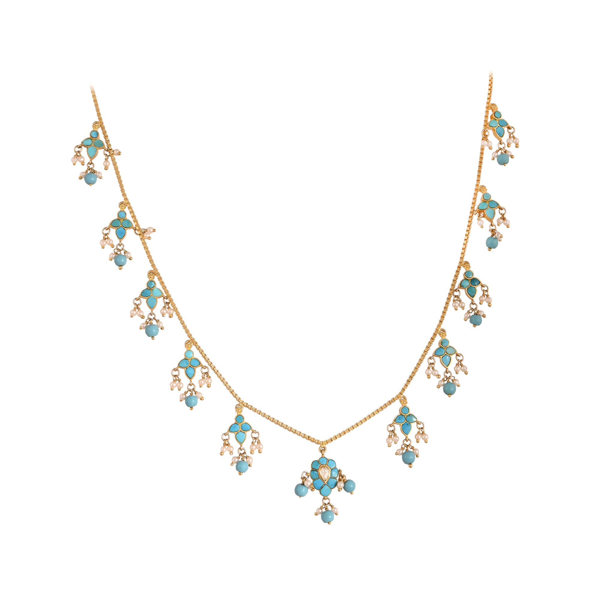 Gulnaar Turquoise Bloom Silver Chain Necklace Set