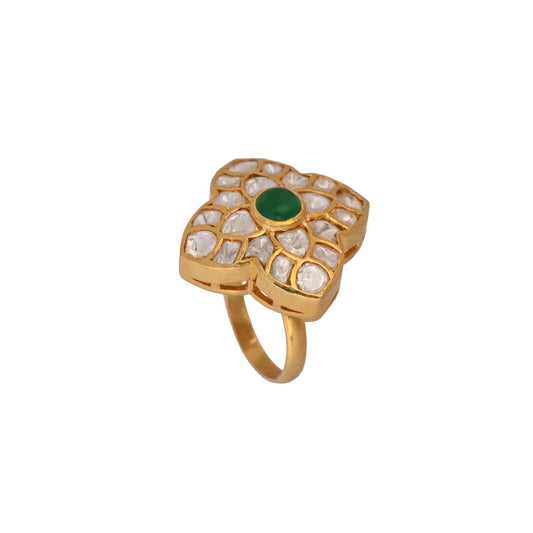 Floral Asymmetric Polki Silver Ring