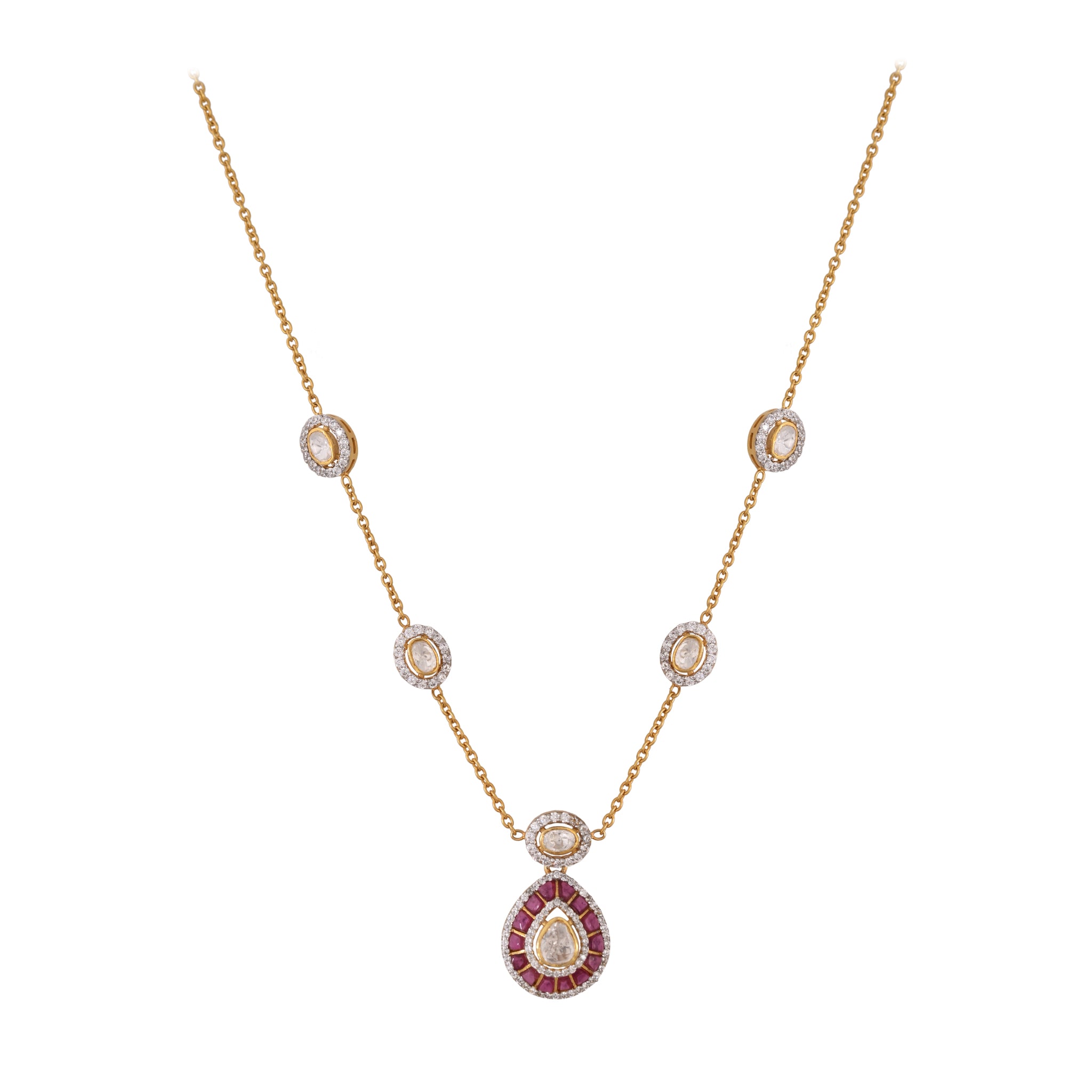 Gul Ruby & Polki Drop Silver Chain Necklace