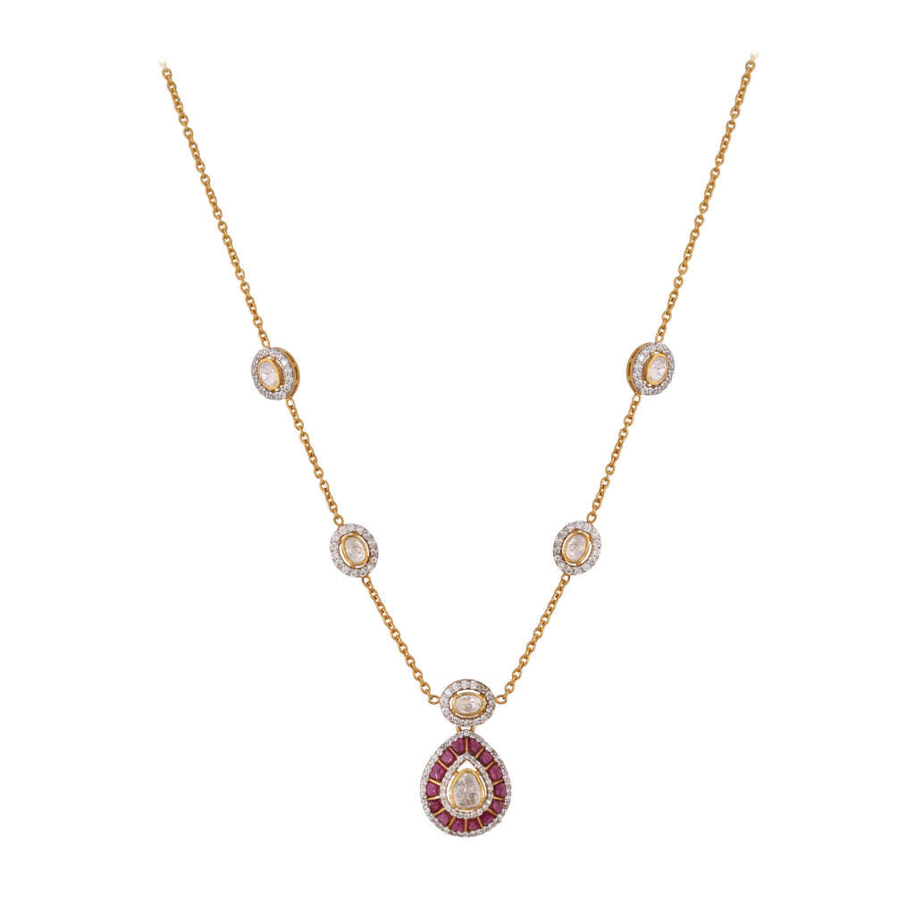 Gul Ruby & Polki Drop Silver Chain Necklace