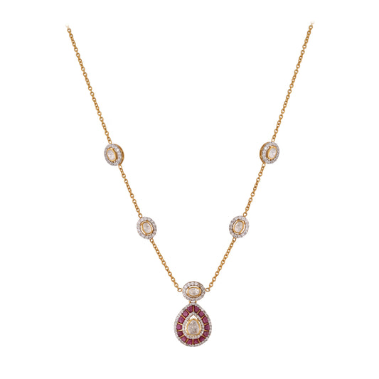 Gul Ruby & Polki Drop Silver Chain Necklace