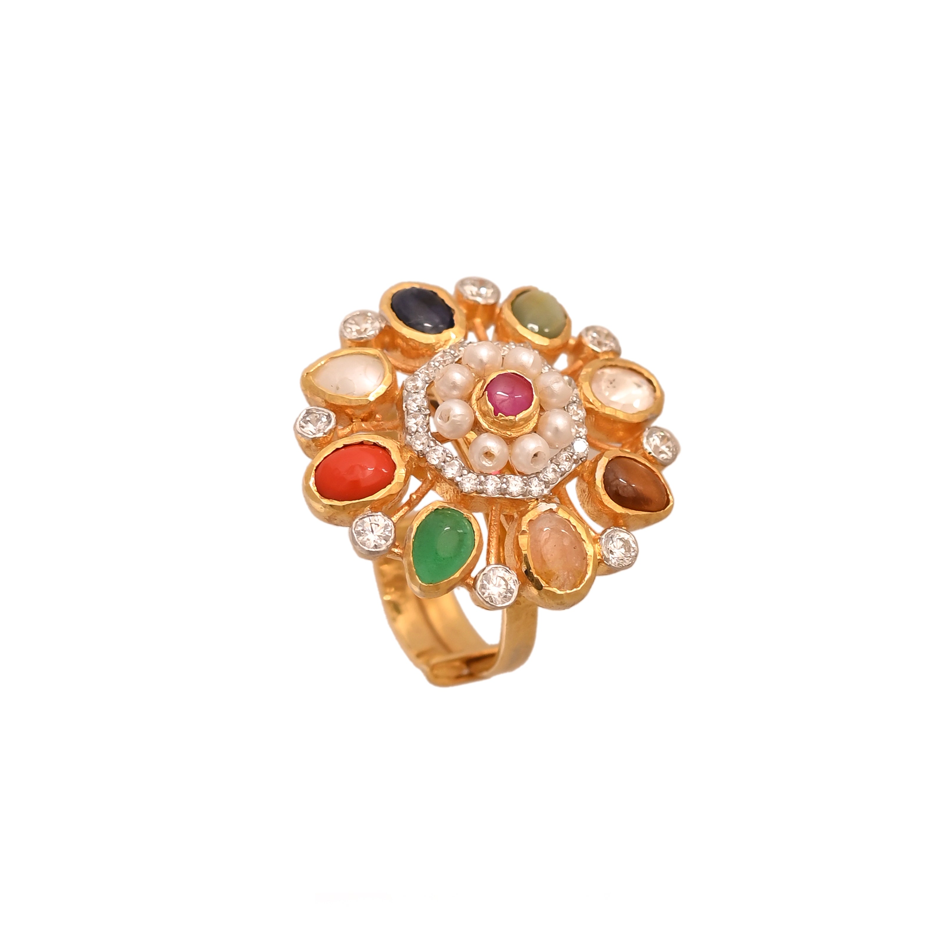 Navratna Floral Silver Ring