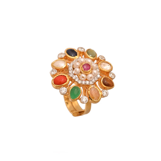 Navratna Floral Silver Ring