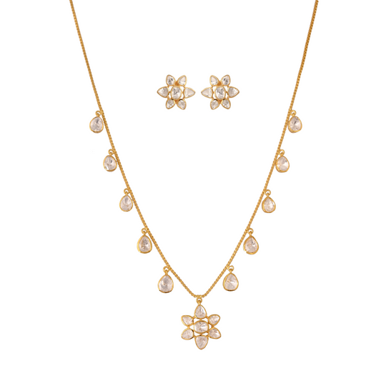 Noor Polki Flower Drop Chain Silver Necklace Set