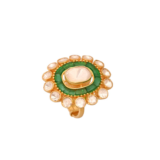 Floral Emerald & Polki Silver Ring