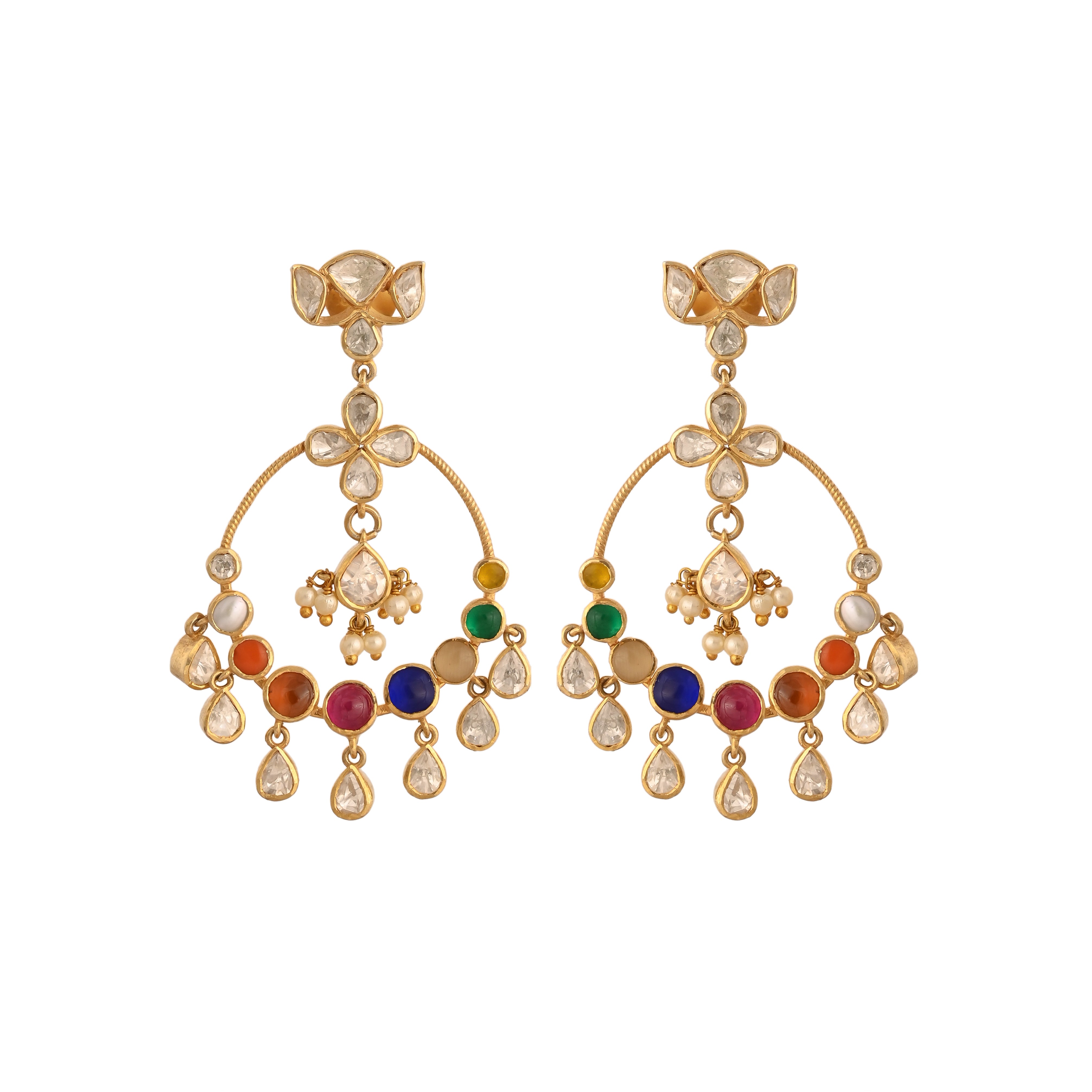 Navratna Silver Chandbali Earrings