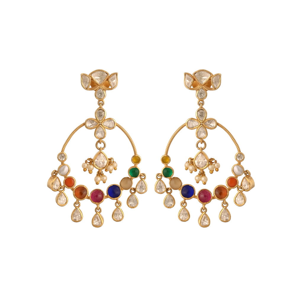 Navratna Silver Chandbali Earrings