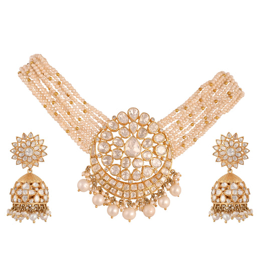 Noor Polki & Pearl Silver Choker Necklace Set