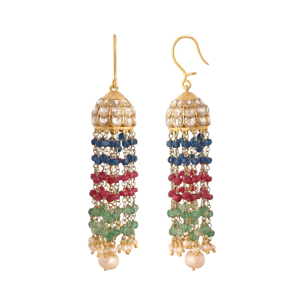 Mehr Multicoloured Polki Silver Jhumki