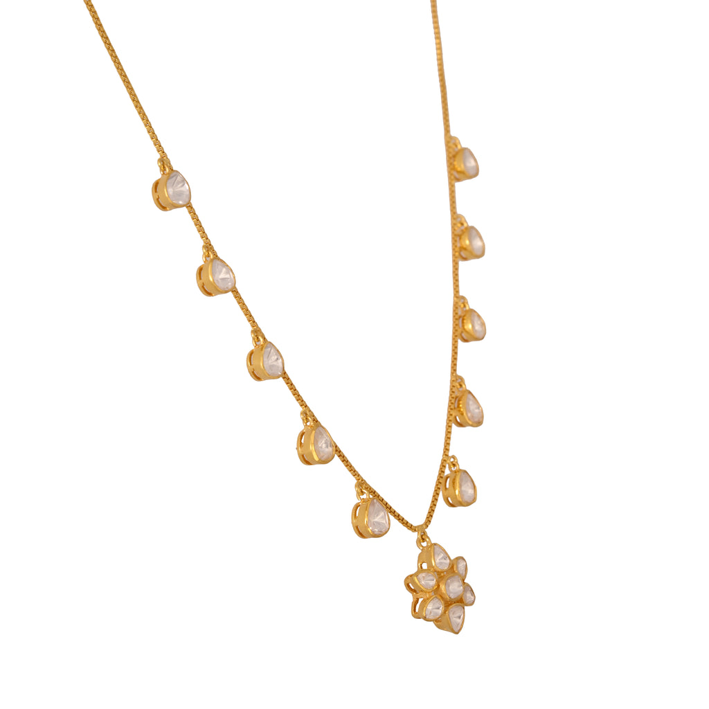 Noor Polki Flower Drop Chain Silver Necklace Set