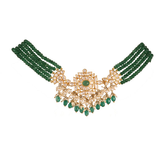 Emerald & Polki Silver Choker Necklace Set