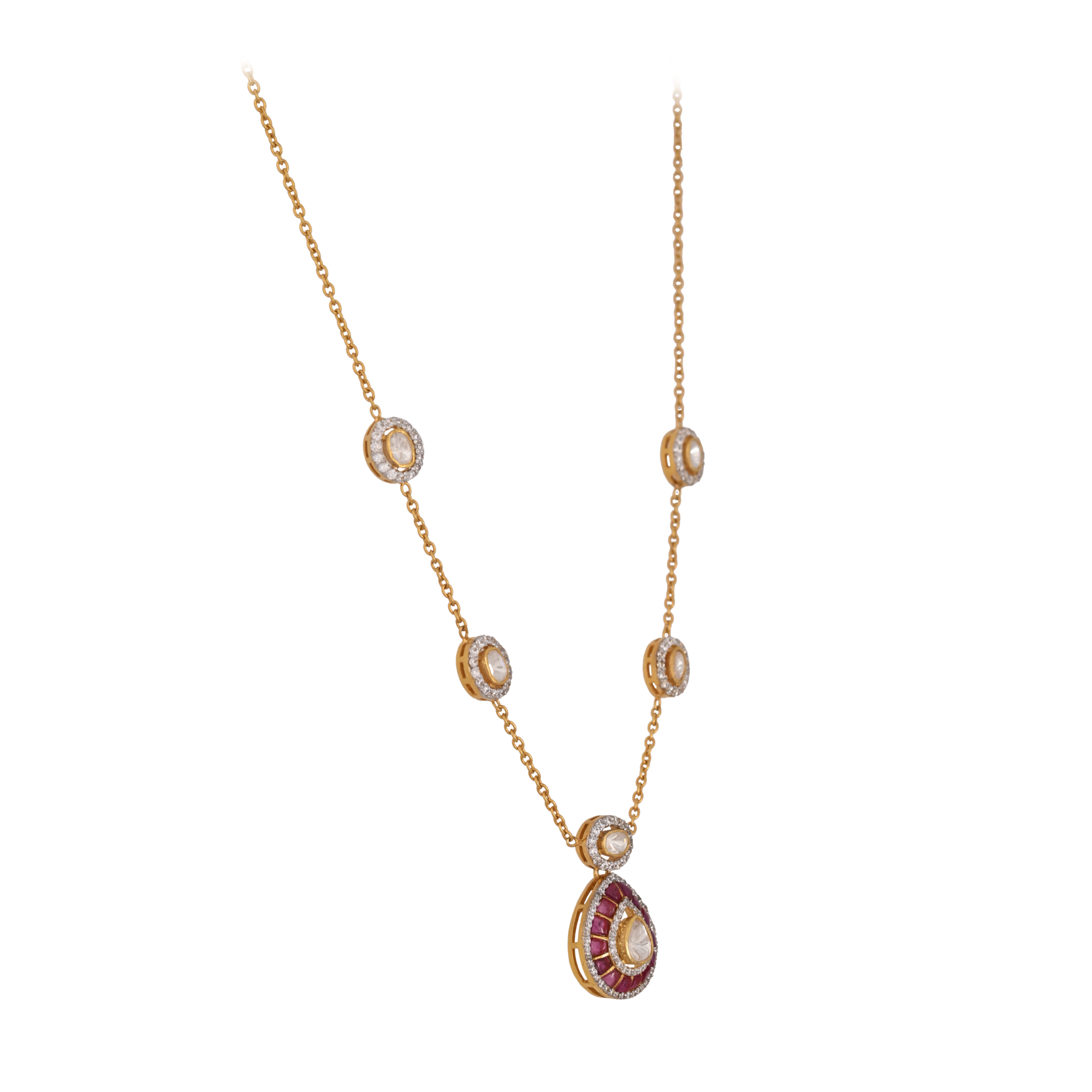 Gul Ruby & Polki Drop Silver Chain Necklace