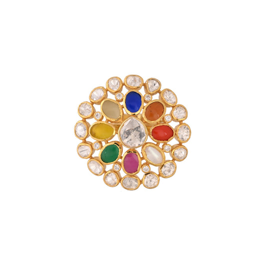 Navratna Round Silver Ring