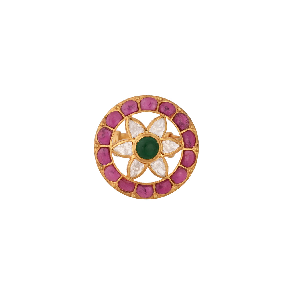 Floral Round Polki Silver Ring