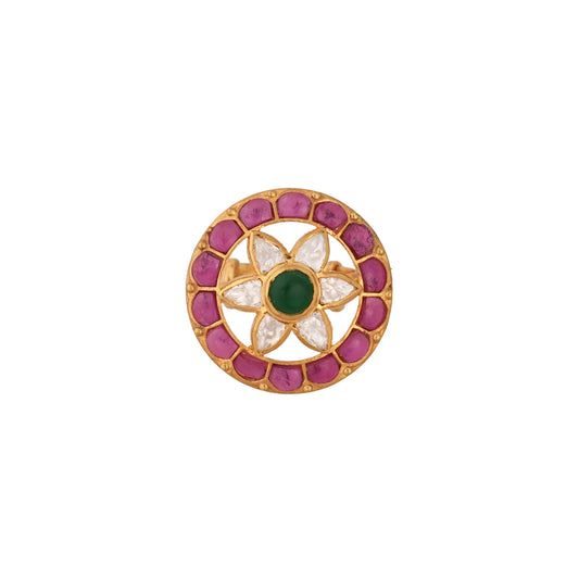 Floral Round Polki Silver Ring