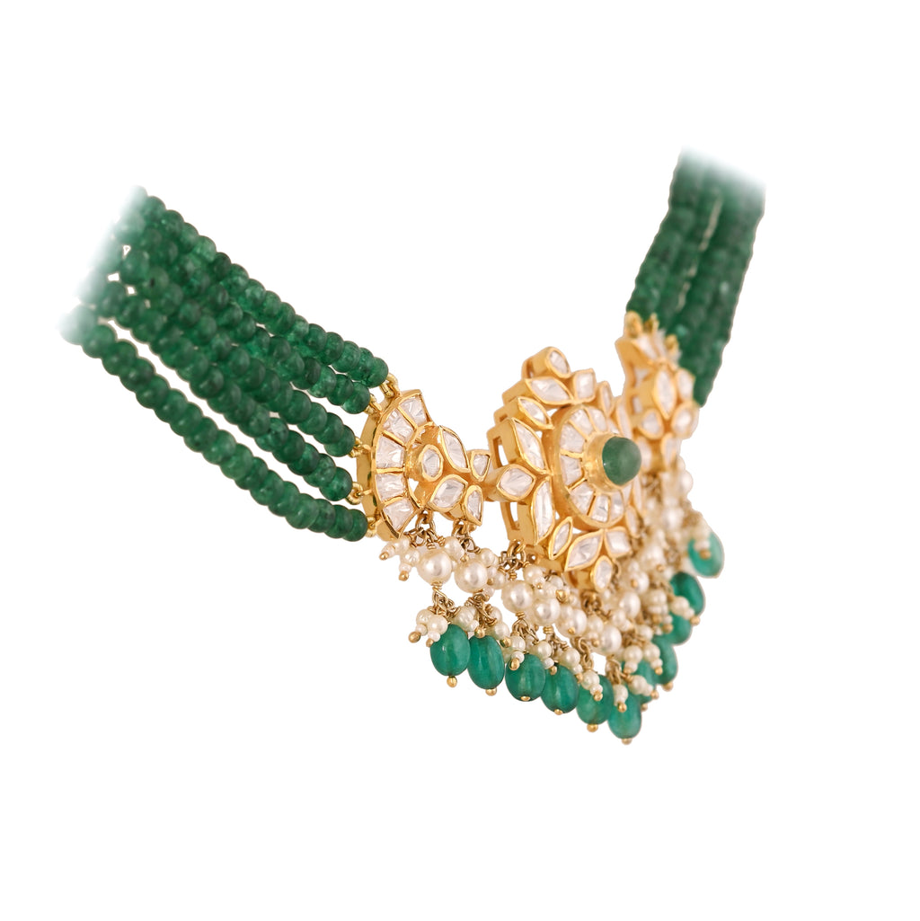 Emerald & Polki Silver Choker Necklace Set