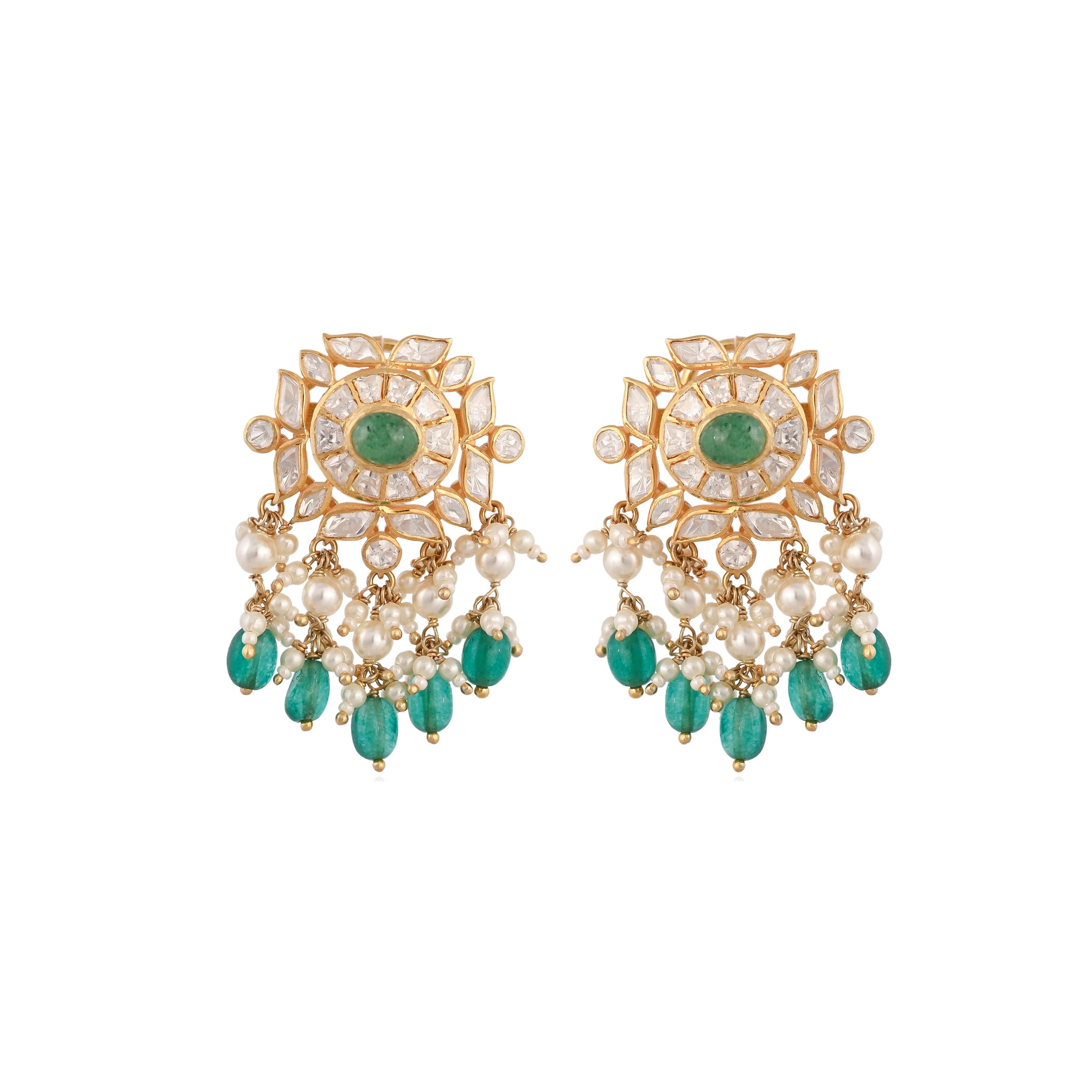 Emerald & Polki Silver Earrings