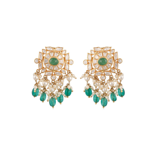Emerald & Polki Silver Earrings