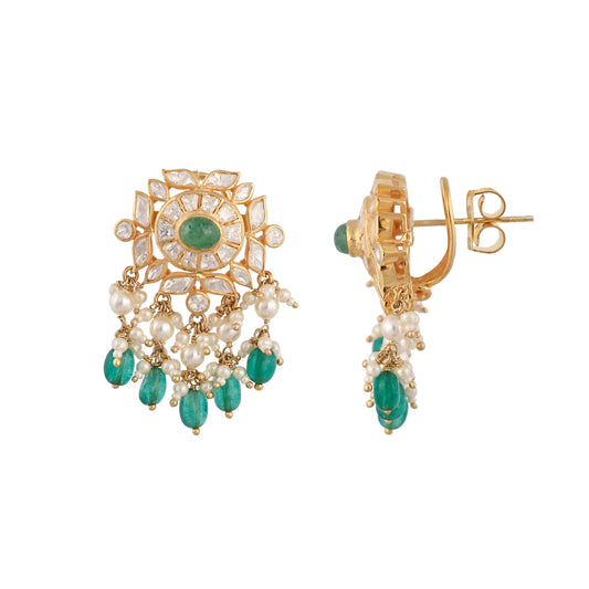 Emerald & Polki Silver Earrings
