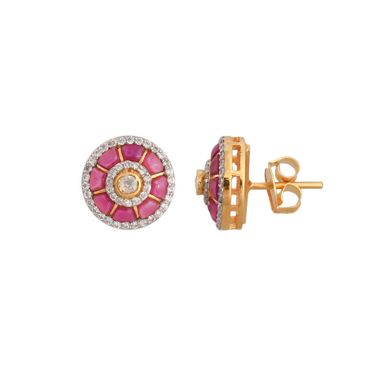 Gul Ruby & Polki Round Silver Stud Earrings