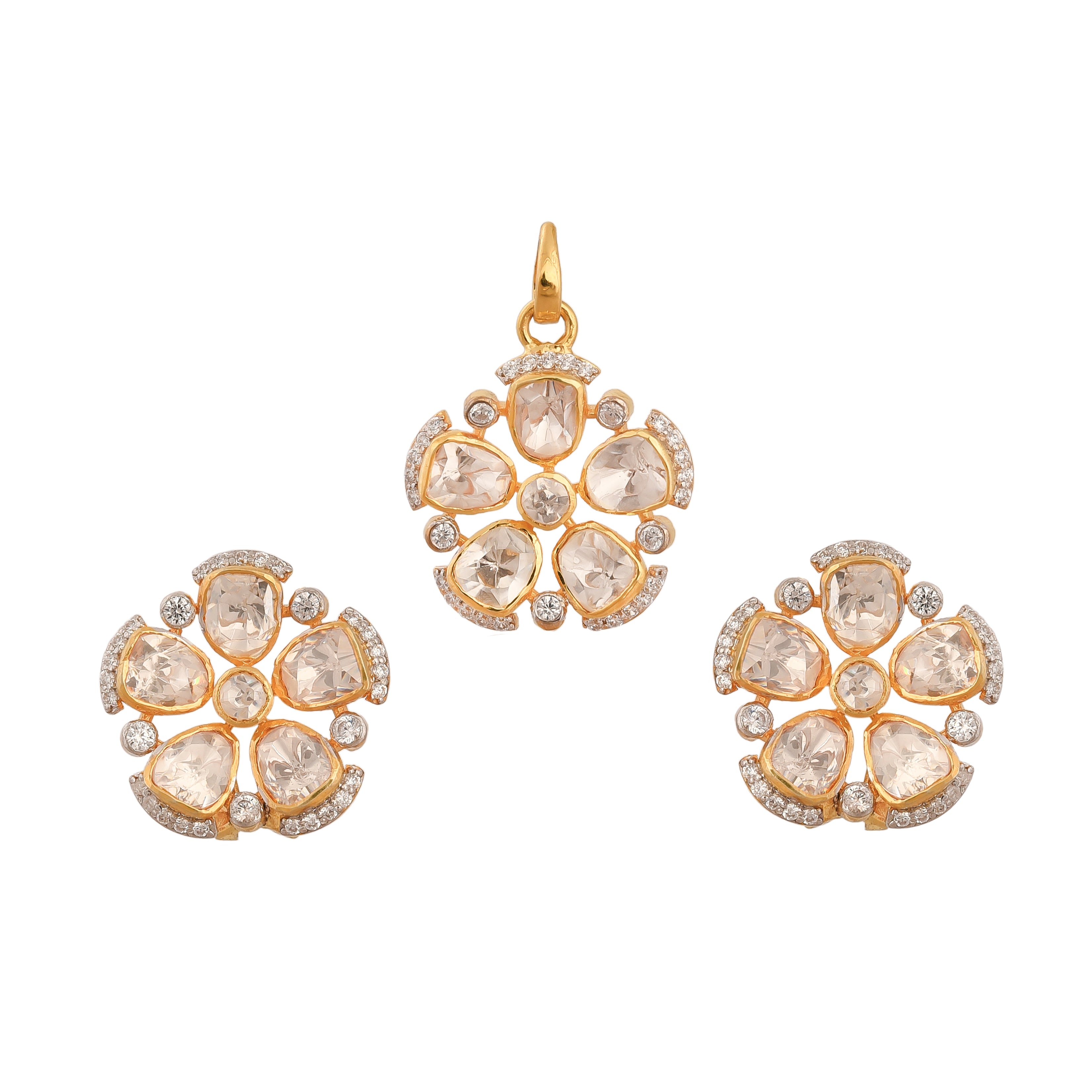 Noor Floral Polki Silver Pendant Set