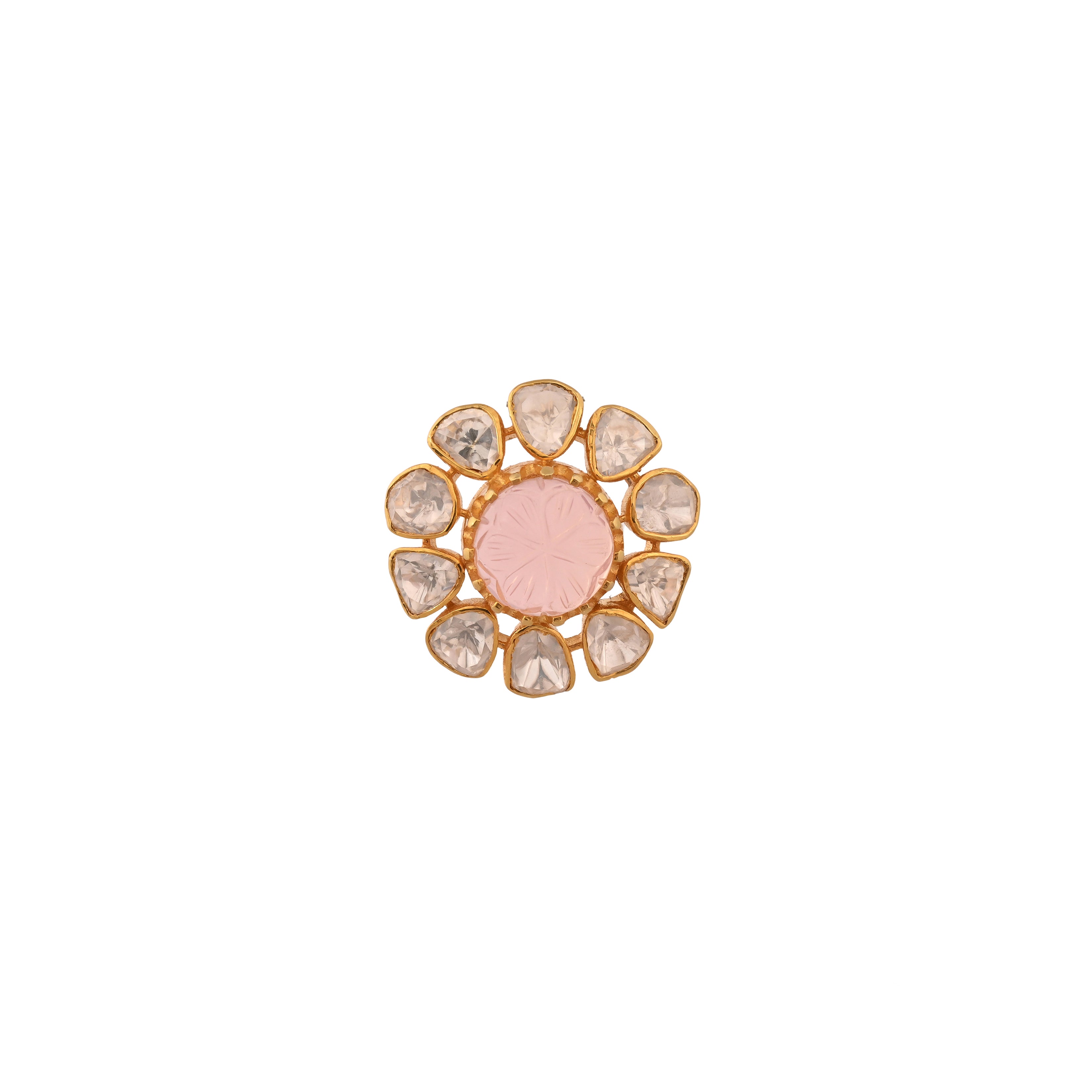 Rose Quartz Floral Polki Silver Pendant Set