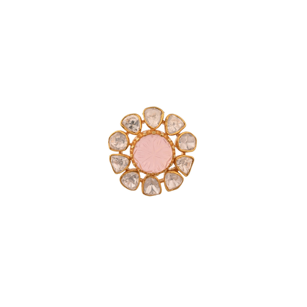 Rose Quartz Floral Polki Silver Pendant Set