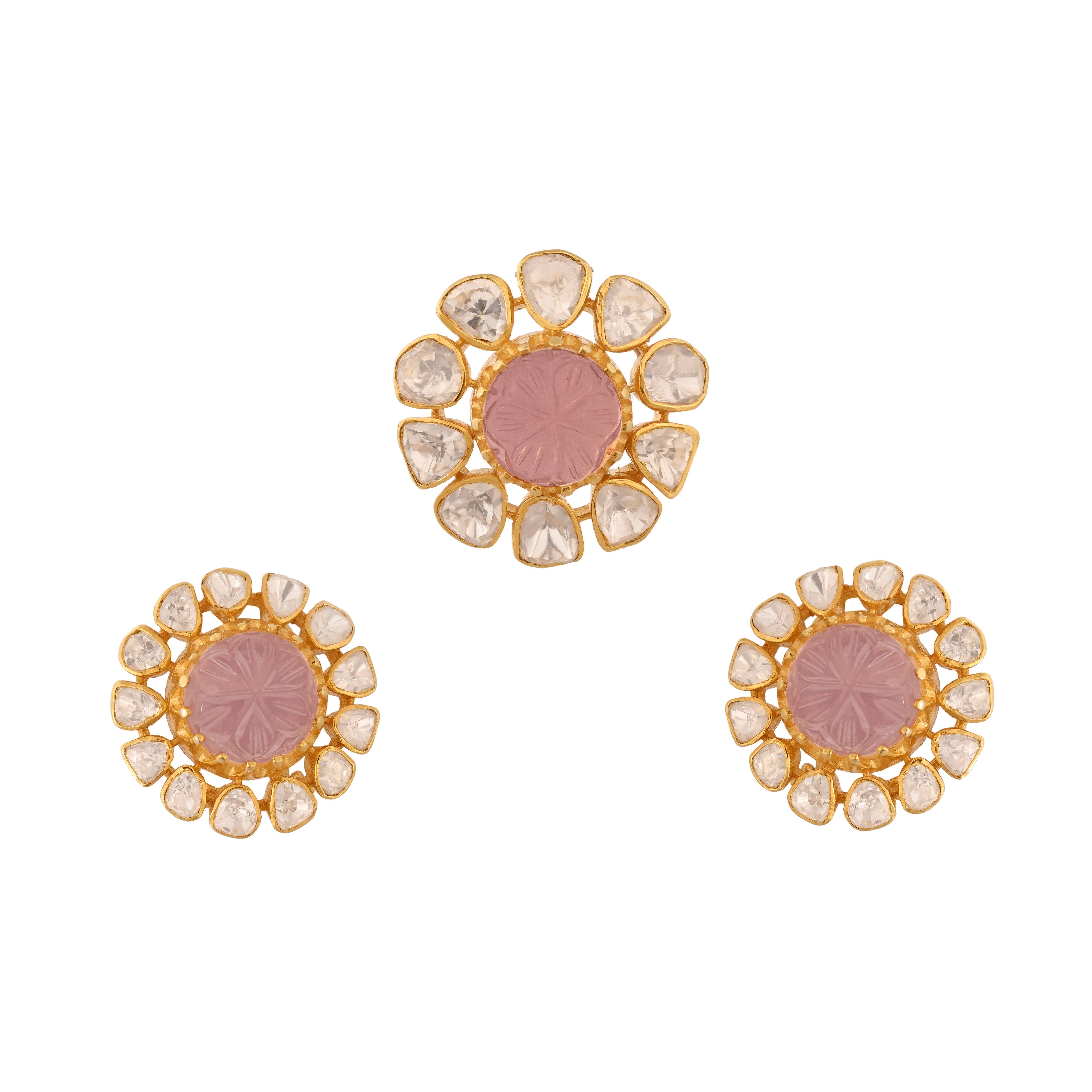 Rose Quartz Floral Polki Silver Pendant Set