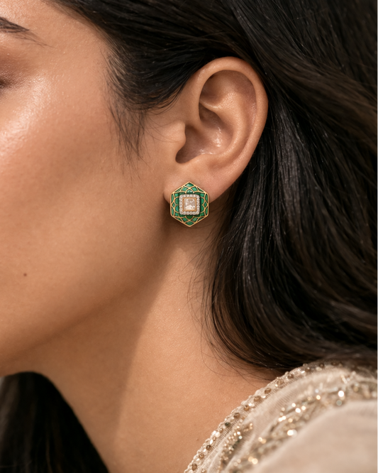 Hexagon Polki & Green Meenakari Silver Studs