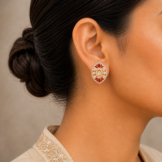 Polki & Red Meenakari Lotus Silver Studs